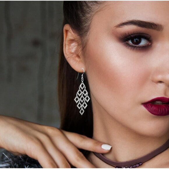 925 Sterling Silver Diamond-Shape Chandelier Geometric Drop Earrings for Women - Picture 4 of 5